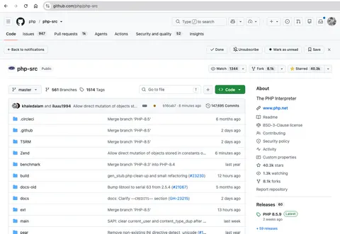 The php/php-src repository on GitHub showing the merged commit allowing direct mutation of objects stored in constants