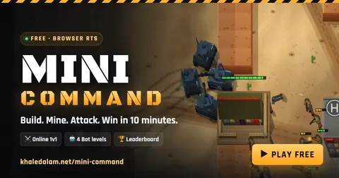 Mini Command, a free online RTS game in the browser: blue tanks and soldiers storming an enemy base