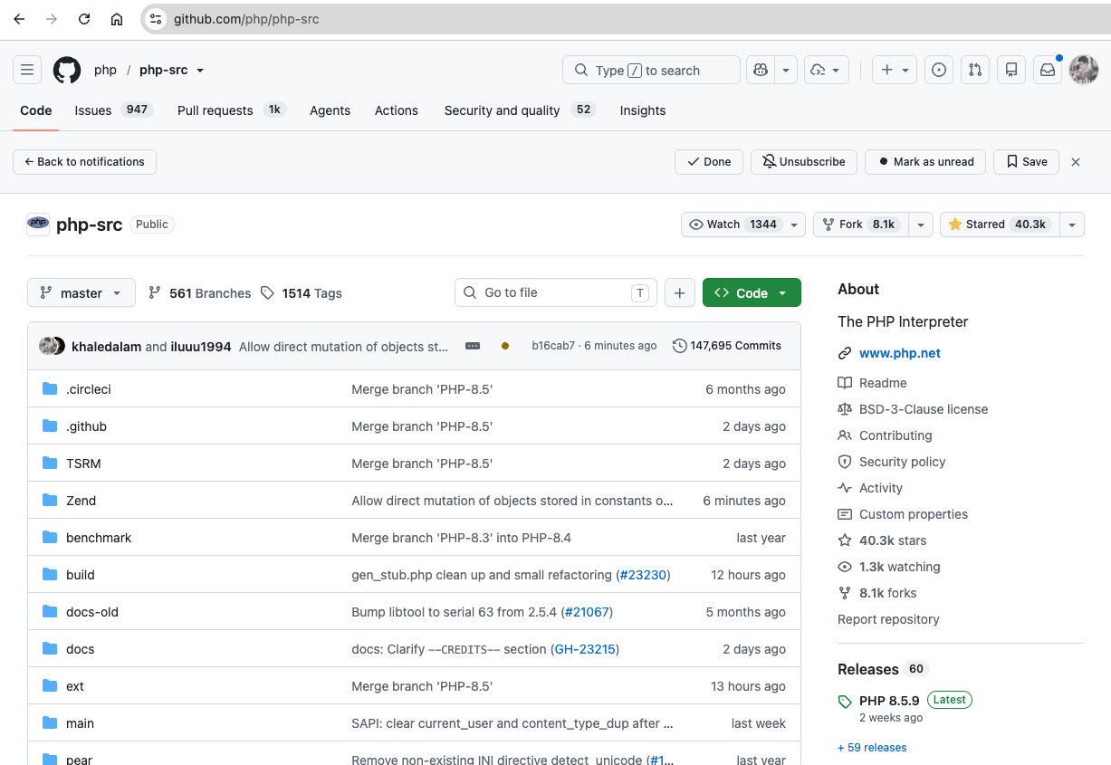 The php/php-src repository on GitHub showing the merged commit allowing direct mutation of objects stored in constants