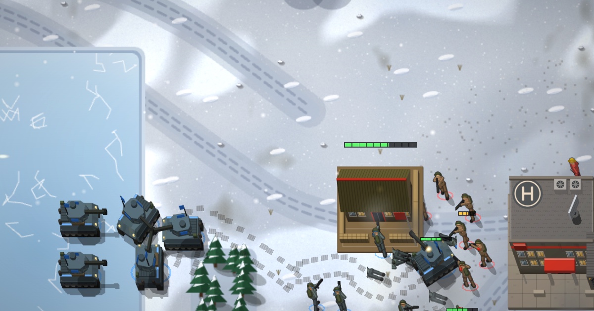 Mini Command Frozen Lakes map with snowfall, pine forests and two frozen lakes