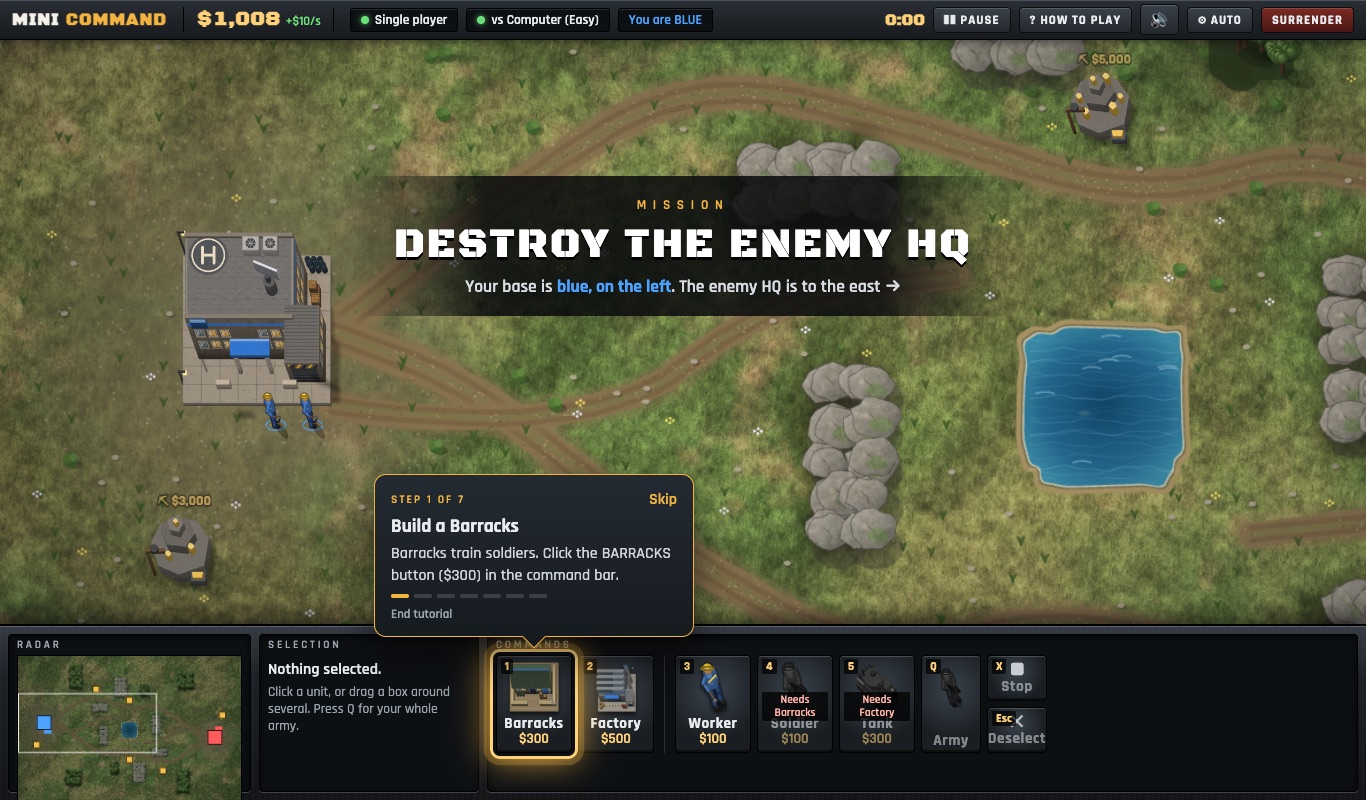 Mini Command interactive tutorial: a coach spotlights the Barracks button for a new player